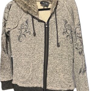Gray Zip-Up Hoodie with Fur hood and rhinestone accents by Miss Me from Buckle.